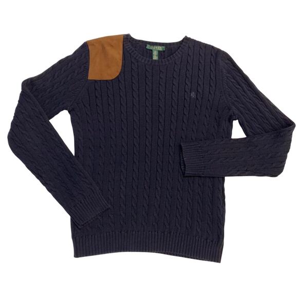 Lauren Ralph Lauren Womens Sweater Large Navy Cable Knit Brown Suede-Like Patch - Picture 1 of 11
